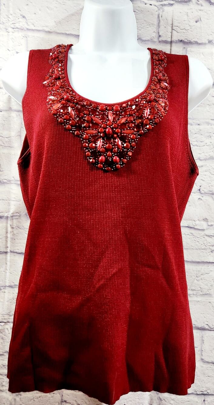 Ruby Rd. Burgundy Ribbed Tank Beaded Bodice XL Lightweight Stretch Soft